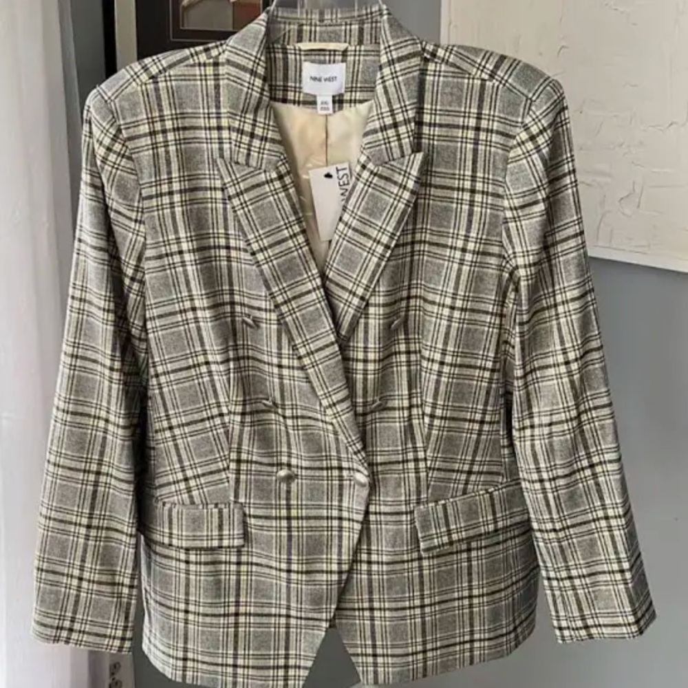 Nine West Double Breasted Blazer XL Navy, Tan and Cream Plaid